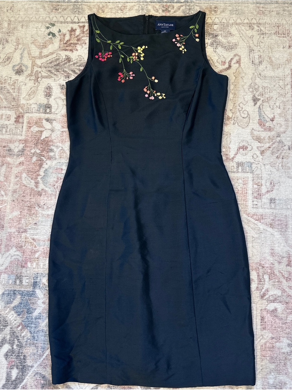 Ann Taylor Black 100% Silk Sheath Dress with Floral Embroidery